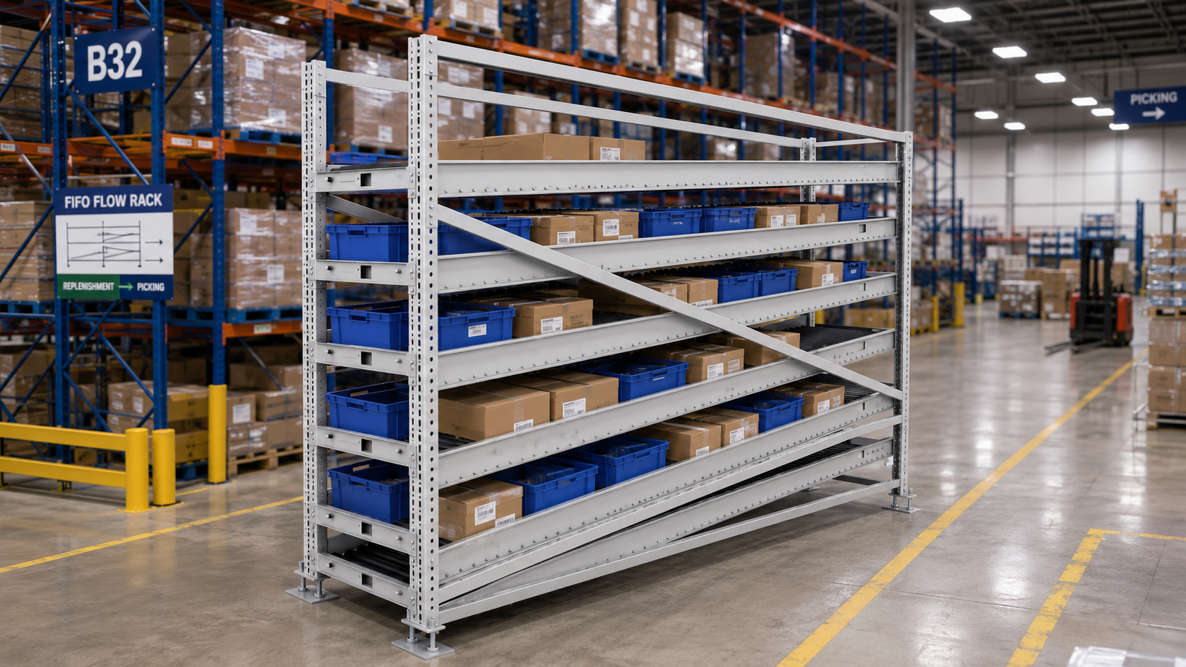 Gravity flow rack used for FIFO storage, line-side supply and order picking