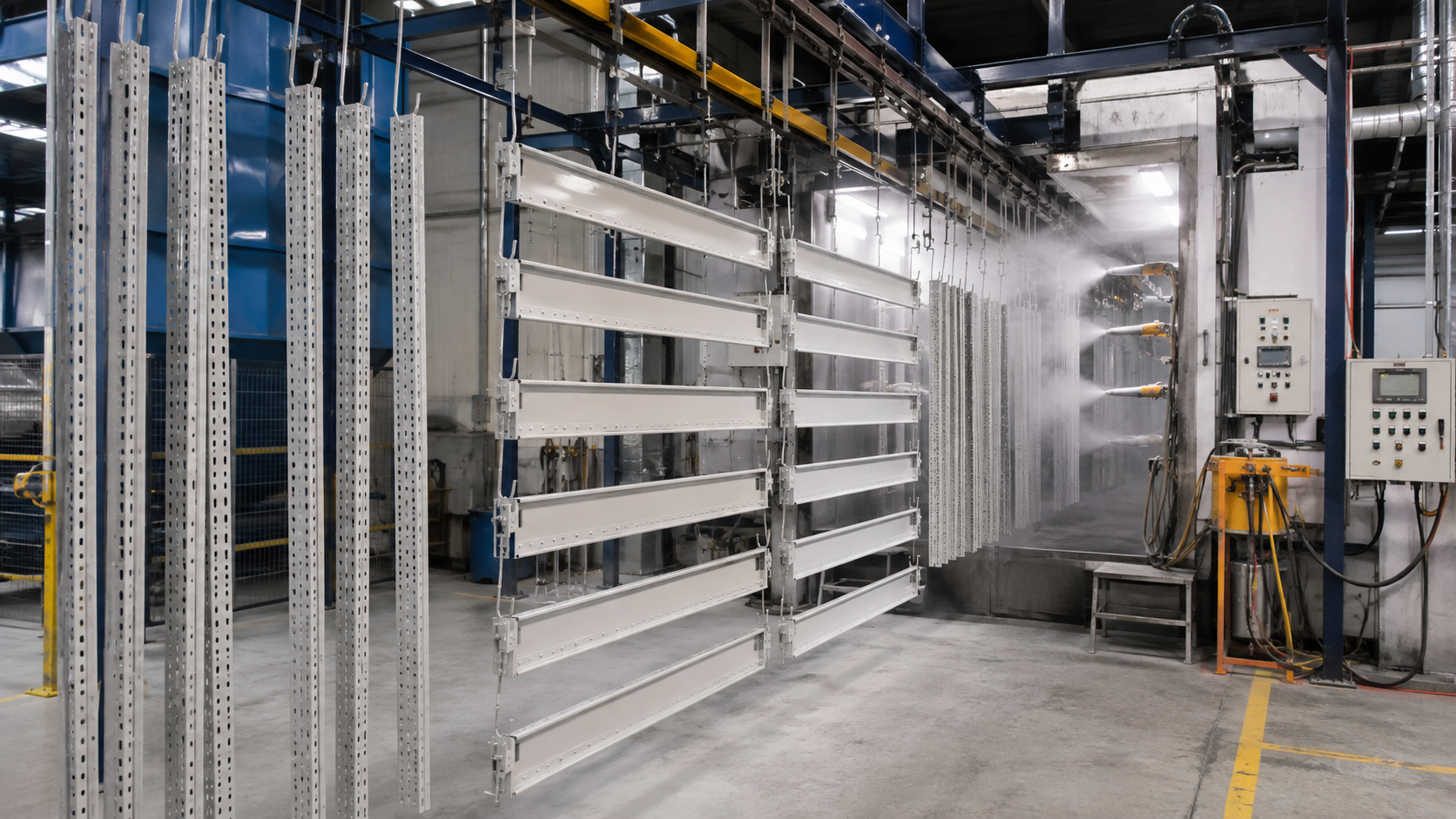 Powder coating process for gravity flow rack steel structures