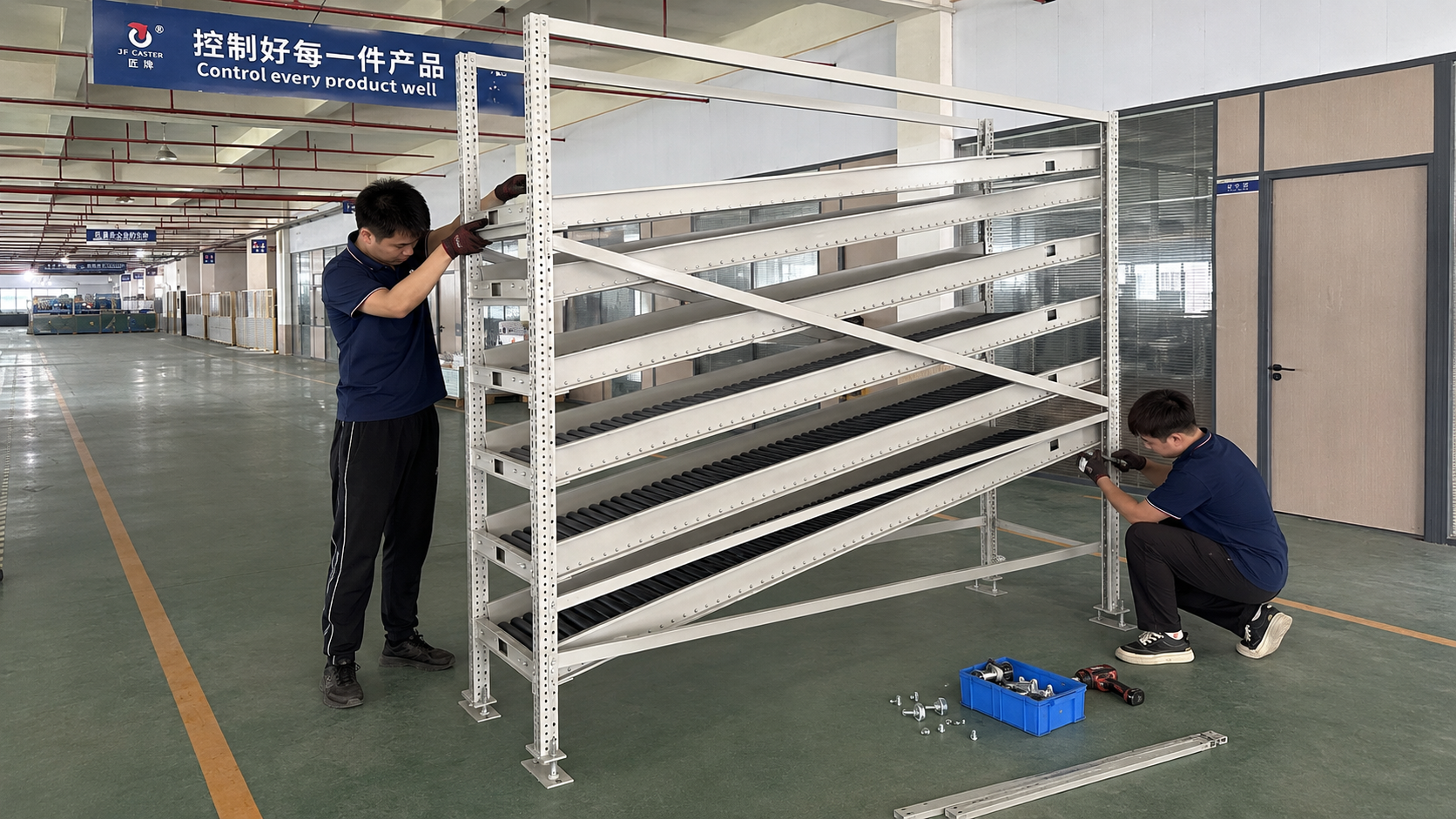 Gravity flow rack assembly and final inspection